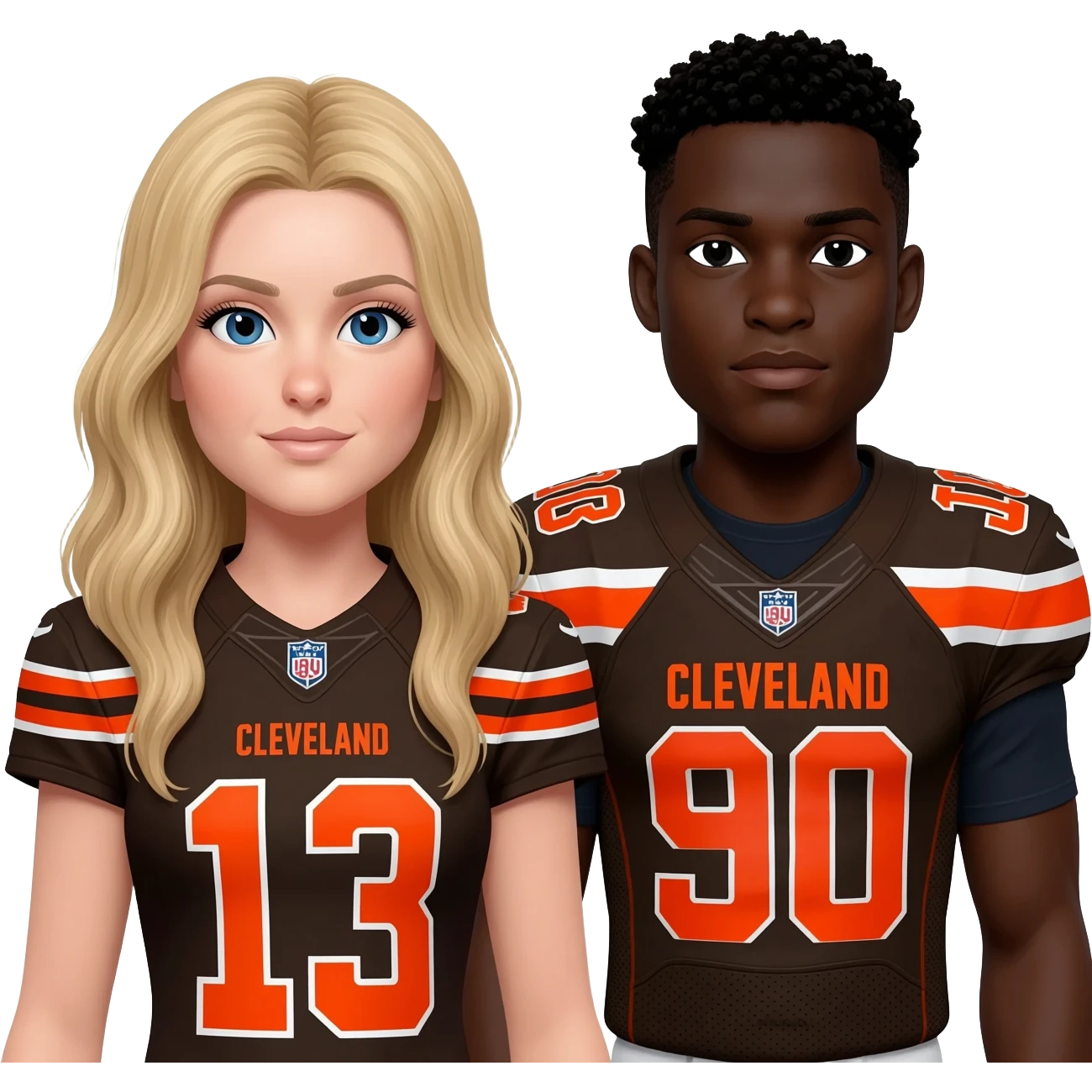 White female with long blonde hair blue eyes with Black Cleveland Browns player emoji