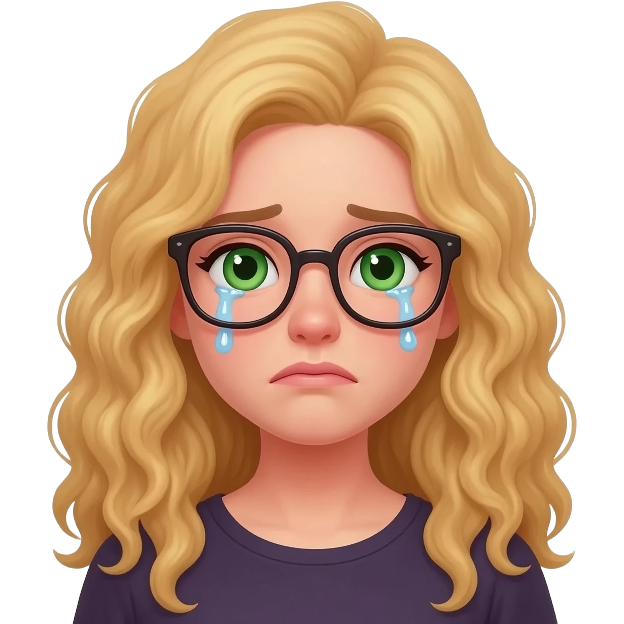 green crying woman with long curly blonde hair an glasses emoji