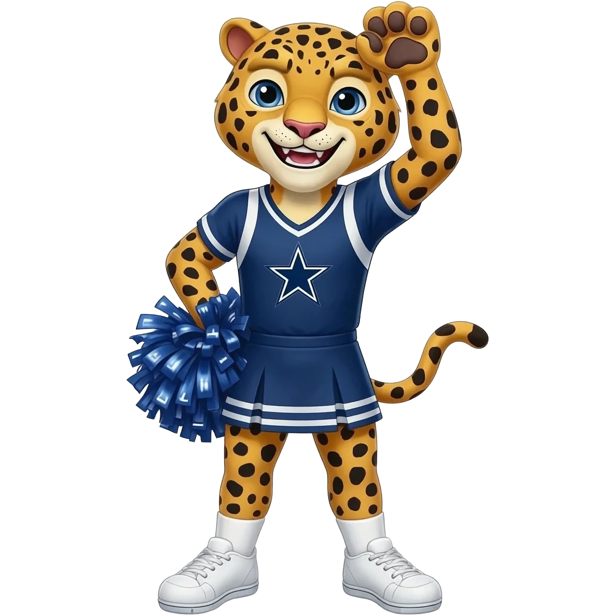 happy panther as dallas cowboys cheerleader standing on one paw and holding another paw at the head emoji