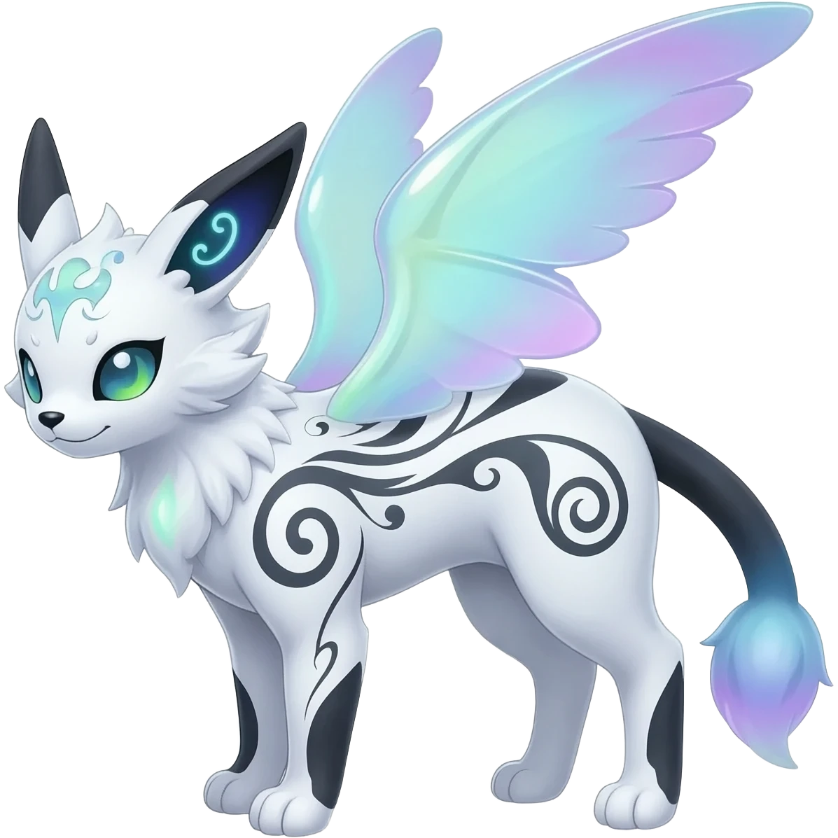 Rare neon iridescent white exotic cute epic aesthetic gothic colorful Salandit-Eevee-Civet-species-Fakemon-hybrid-creature, with intricate tattoo markings, full body emoji