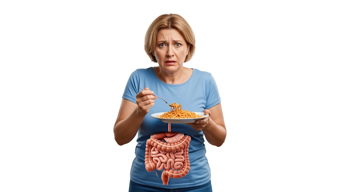 DONNA CHE TIENE UN PIATTO DI PASTA IN MANO MANGIATO PER METà, HA MAL DI PANCIA E INTESTINO UMANO ANATOMICO REALISTICO IN EVIDENZA, iperrealistico 4k, ISOLATA SU SFONDO BIANCO emoji