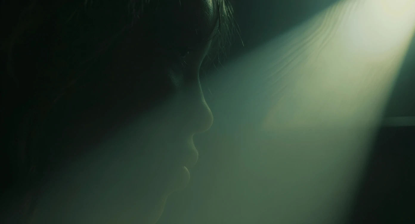 Cinematic scene, Closeup photo of woman face lit with a single ray of light emoji