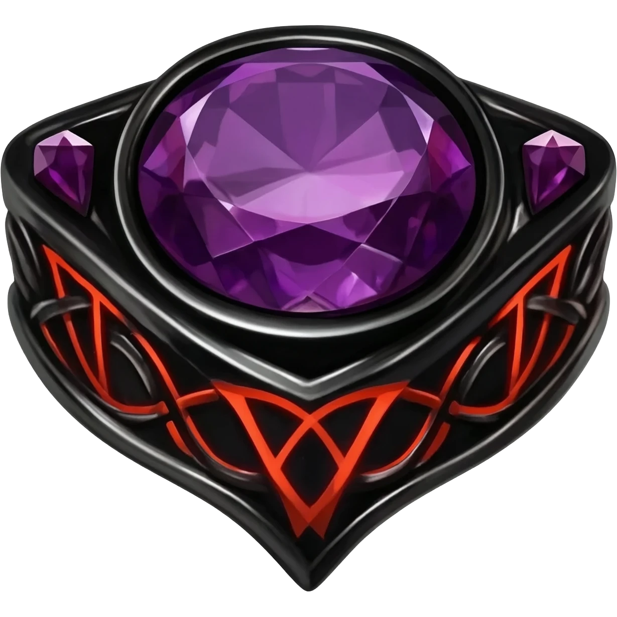 A fancy Obsidian Ring with a purple gem and intricate symbols craved into the ring that glow red emoji