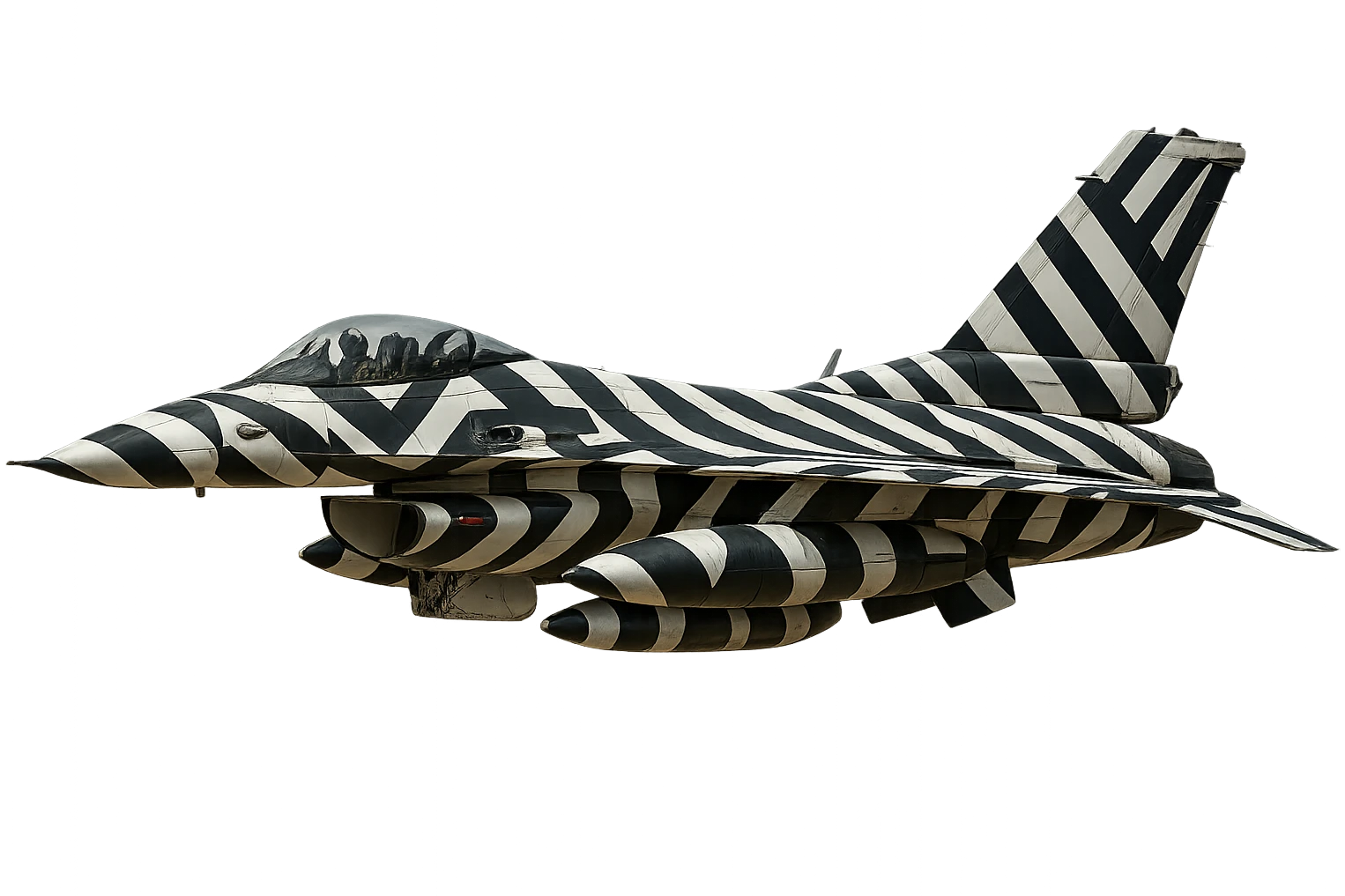 Add a bold, high-contrast razzle dazzle camouflage pattern to the F-16 jet fighter while keeping the realistic style and metallic details. No background, transparent or none. emoji