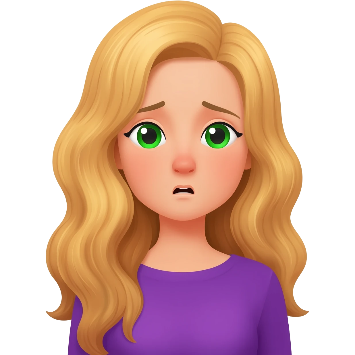 lady with long wavy blonde hair, purple top, green eyes, sneezing emoji