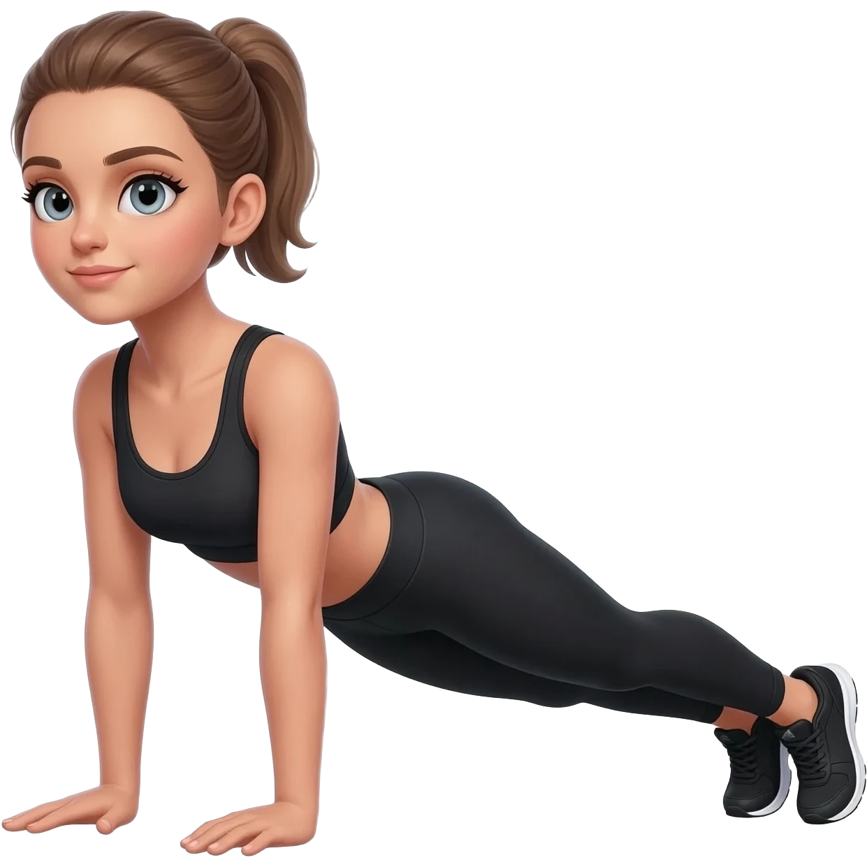 cat-cow stretch, fair-skinned woman, light gray-blue eyes, ash brown brows, ash light brown hair tied back, slim athletic body, black workout set, black sneakers with white soles emoji