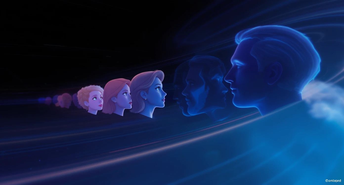 Futuristic Graphic of a flying aroundg profiles with 3d disney style faces of people (Gradient black and blue background) emoji