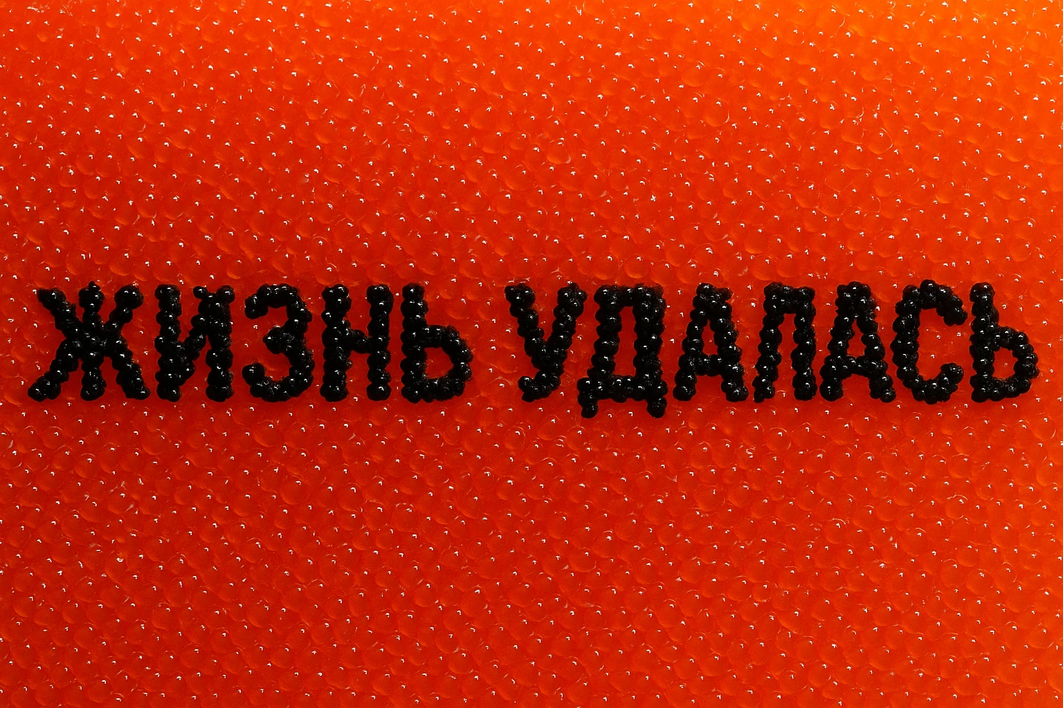 Надпись Жизнь удалась сделанная чёрной икрой на фоне красной икры, надпись должна быть сделана в одну строку, а не в две emoji