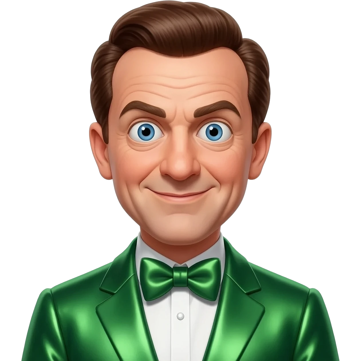 Larry Fine from The Three Stooges with blue eyes, brown hair, green metallic suit with bow tie emoji