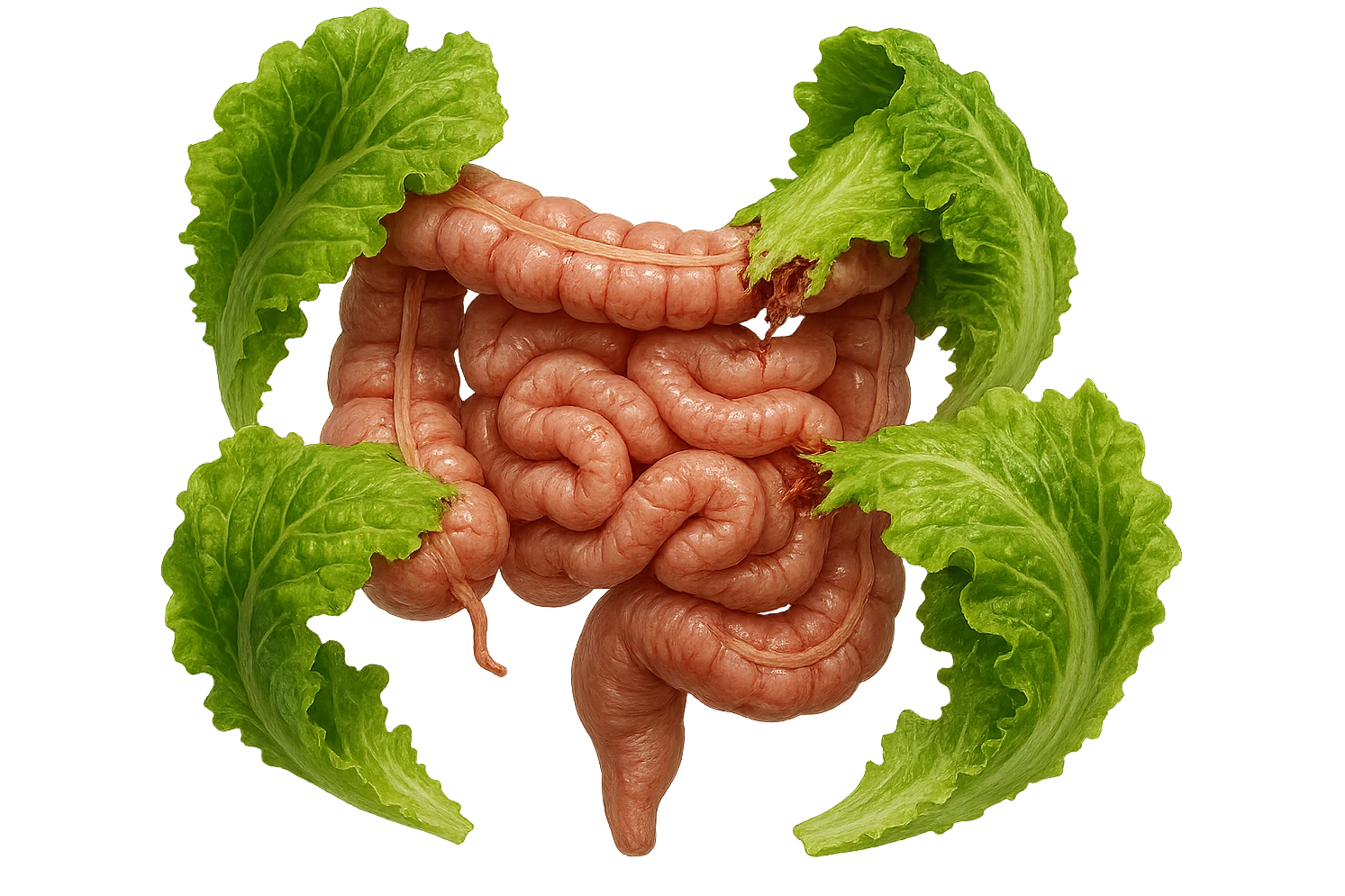 foglie di insalata che attaccano un intestino anatomico umano per distruggerlo, iperrealistico emoji
