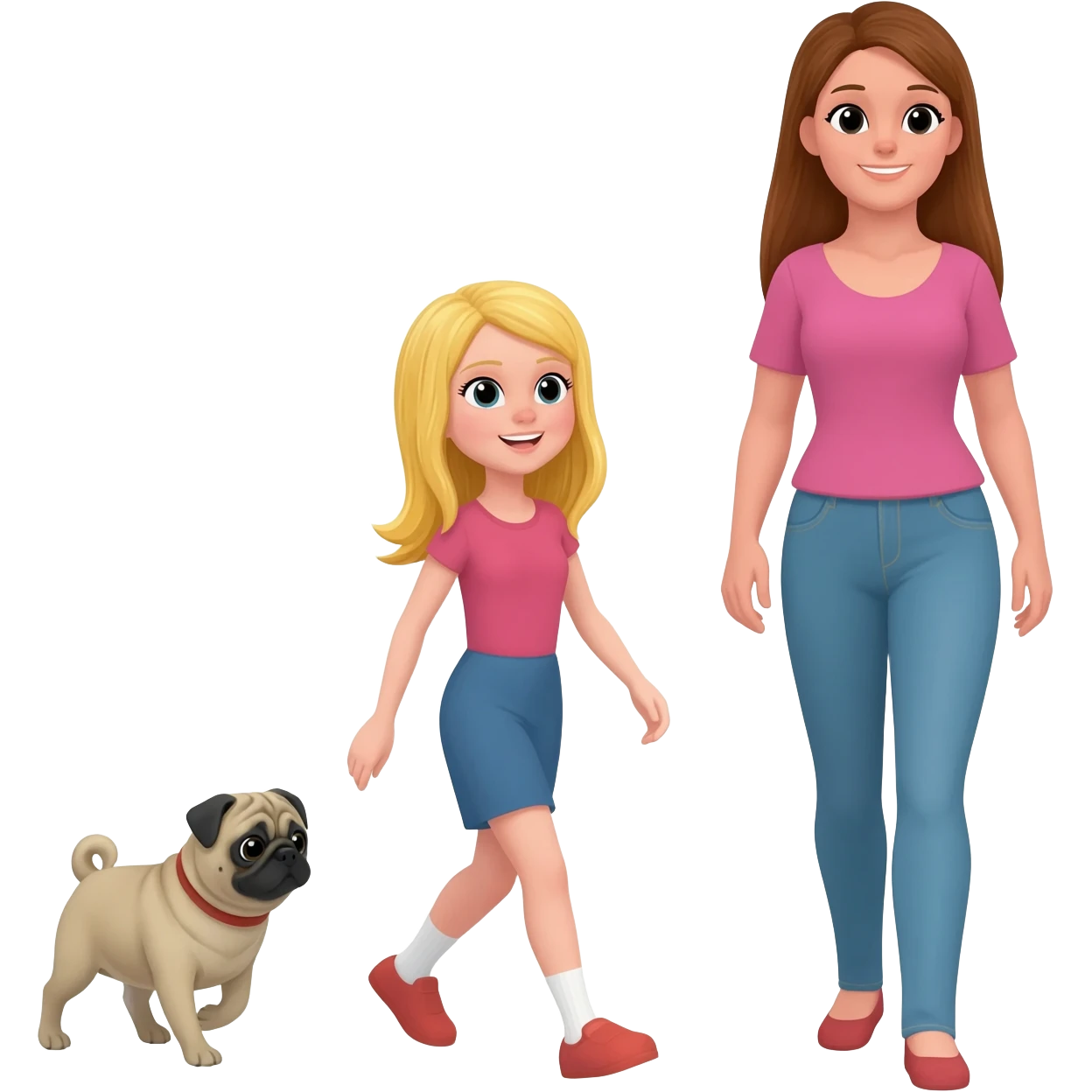 haz una chica rubia paseando a su perro pug con su mama emoji