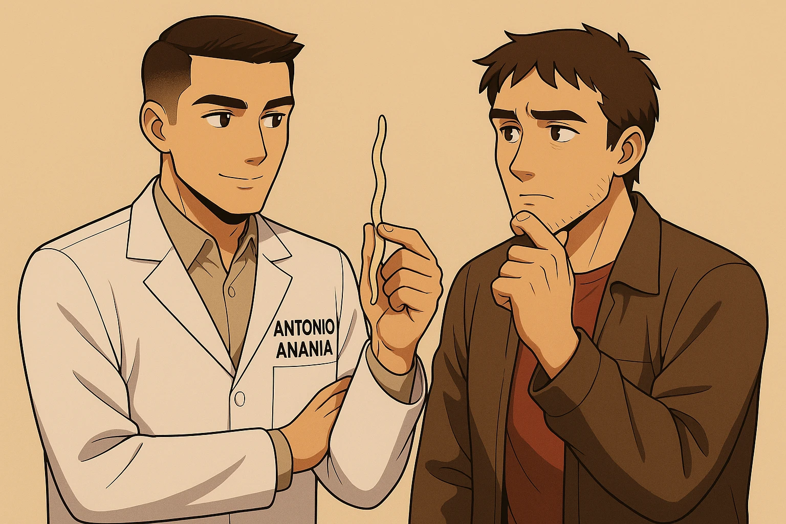 fai un webtoon manga a colori con questo stile, in cui un uomo ascolto il kinesiologo con il camice bianco (fagli anche la scritta "ANTONIO ANANIA" SUL CAMICE, il kinesiologo con il camice mostra un verme lungo e beige chiaro all'uomo, IL KINESIOLOGO SPIEGA ALL'UOMO UNA cosa. L'UOMO ha un ESPRESSIONE pensierosa IN VOLTO mentre si tocca il mento con l'indice. non fare i fumetti però, fai solo in modo che sembri stiano parlando emoji