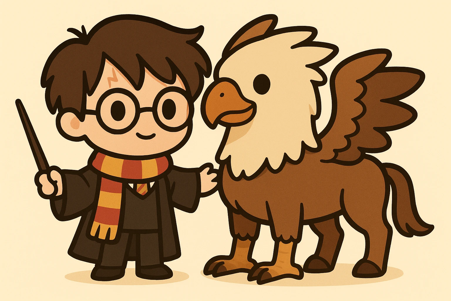 Illustration of Harry Potter and a hippogriff together in a cute, cartoon, simplified style. Harry Potter is full body with round glasses, scar on forehead, striped scarf, dark brown hair, wand, and Hogwarts robe. Next to him is a hippogriff with horse body and eagle head and wings. Use bold black lines and soft colors, matching the style of the provided reference example. emoji