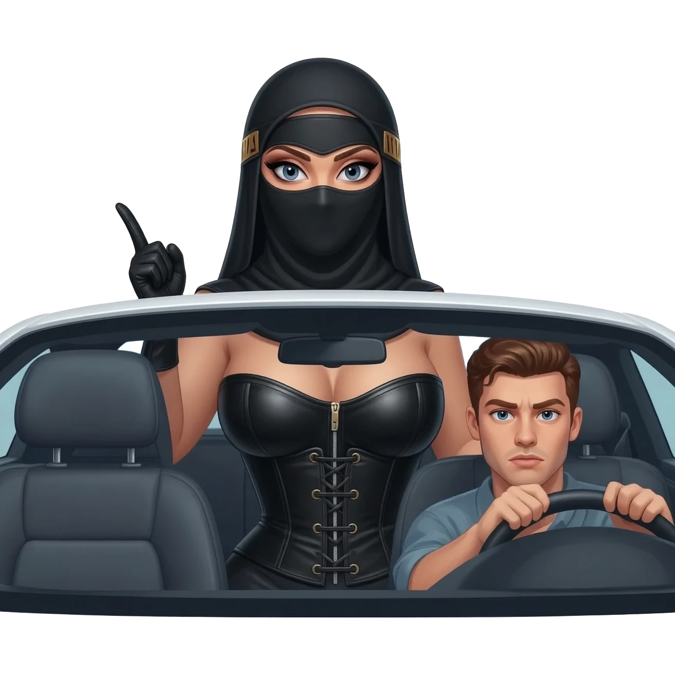 grosse dominatrice burca qui  insulte un jeune homme conducteur dans sa voiture emoji