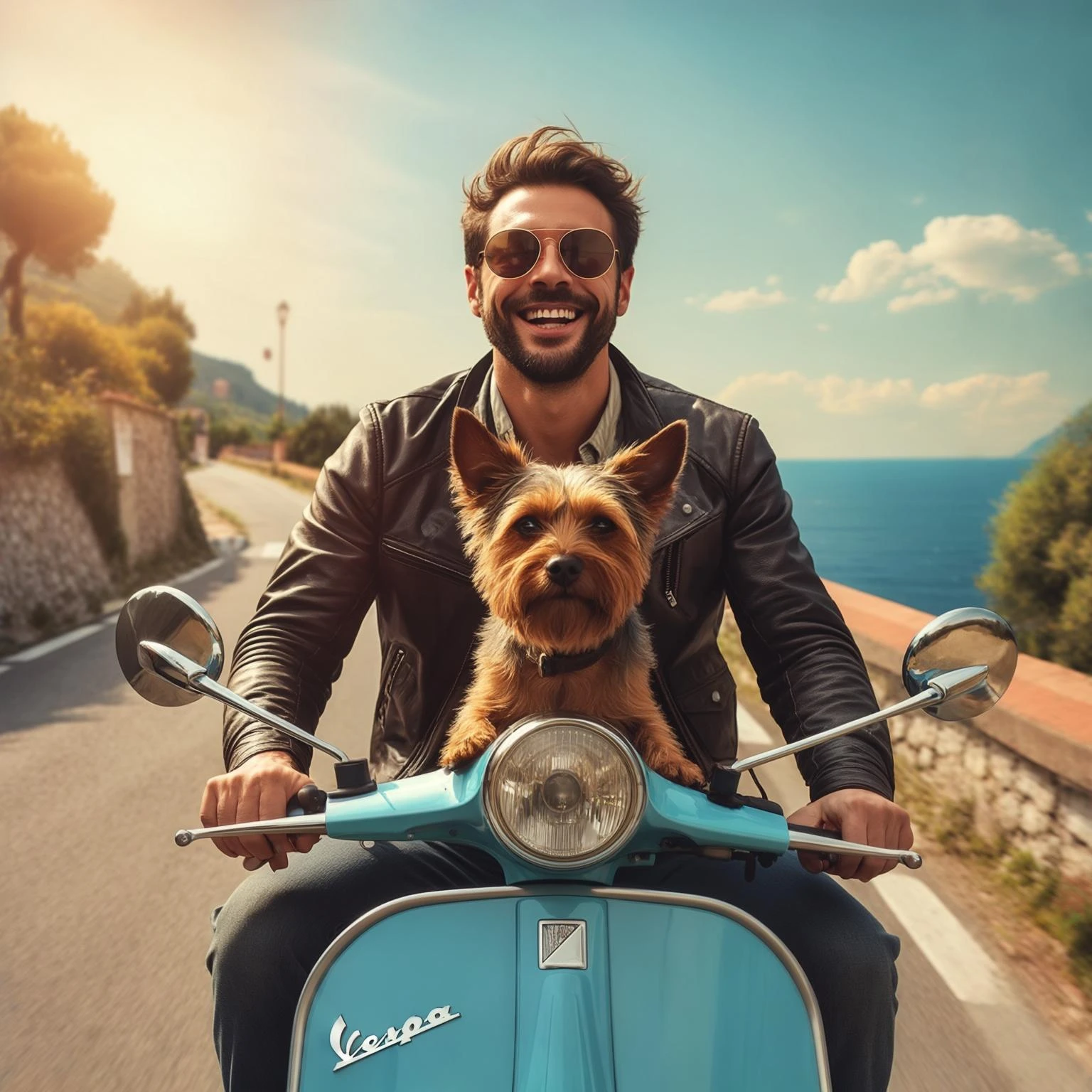 man and his pet dog riding a vespa emoji