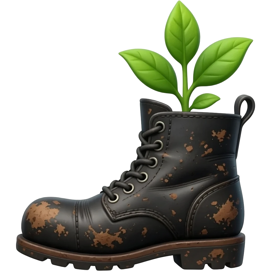 A photorealistic, high-detail 3D render of a rustic, dirt-caked black work boot with a small, vibrant green plant growing out of it, inspired by the movie Wall-E. Isolated on a plain, solid white background. Soft studio lighting, sharp focus on the plant's leaves and the boot's worn texture. emoji