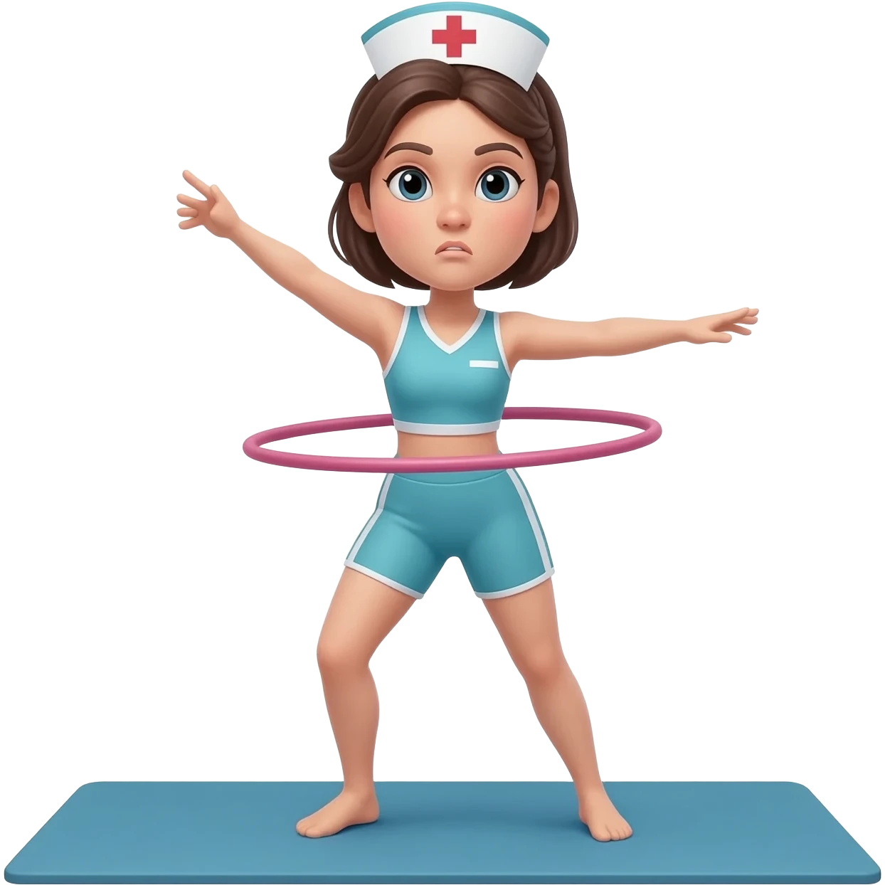 A female nurse athlete performed aerobics exercises for with a hula hoop on an exercise mat. She poop emoji