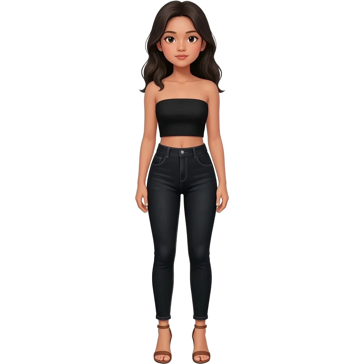 Filipino girl black bra strapless top and high waisted black jeans  with feet stand straight body wear  high heels sandals brown stand straight emoji
