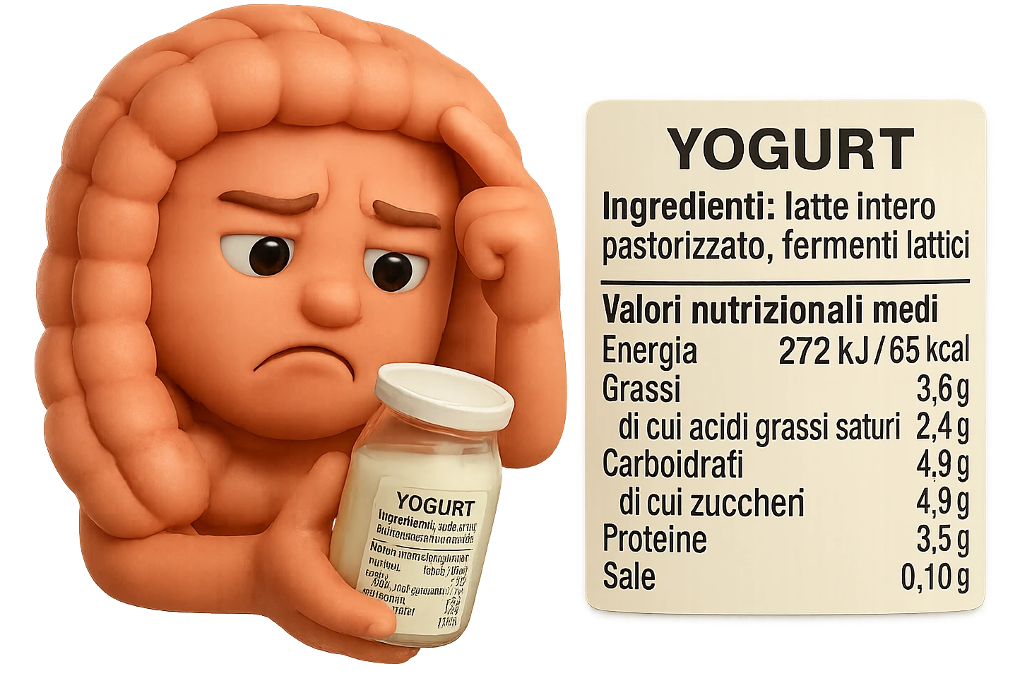 SU QUESTO STILE FAI UN EMOJI STILE IPHONE 3D DI UN INTESTINO CHE HA IN MANO UN BARATTOLO DI YOGURT CONFEZIONATO DA SUPERMERCATO E LEGGE L'ETICHETTA NUTRIZIONALE CON GLI INGREDIENTI IN ITALIANO, ACCANTO ALLO YOGURT CHE HA IN MANO C'è UN FOCUS SULL'ETICHETTA CON GLI INGREDIENTI SCRITTI, FAGLI UN ESPRESSIONE CONFUSA MENTRE LEGGE E FALLO MOLTO REALISTICO IN 3D emoji