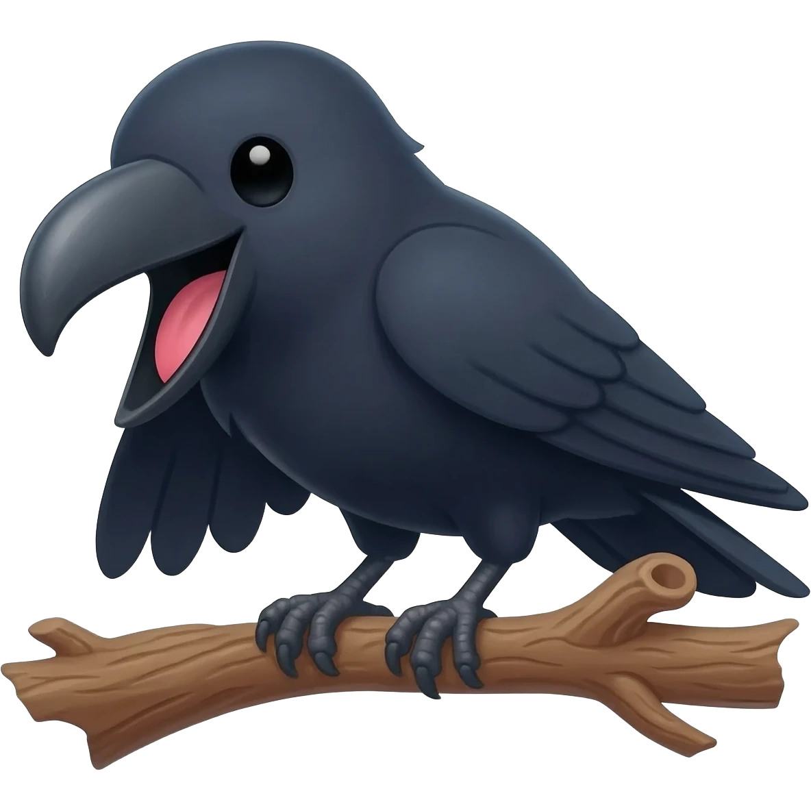 A raven perched on a branch, covering its beak with one wing to stifle a laugh. A TEE-HEE speech bubble and small cyan star icons float around it emoji