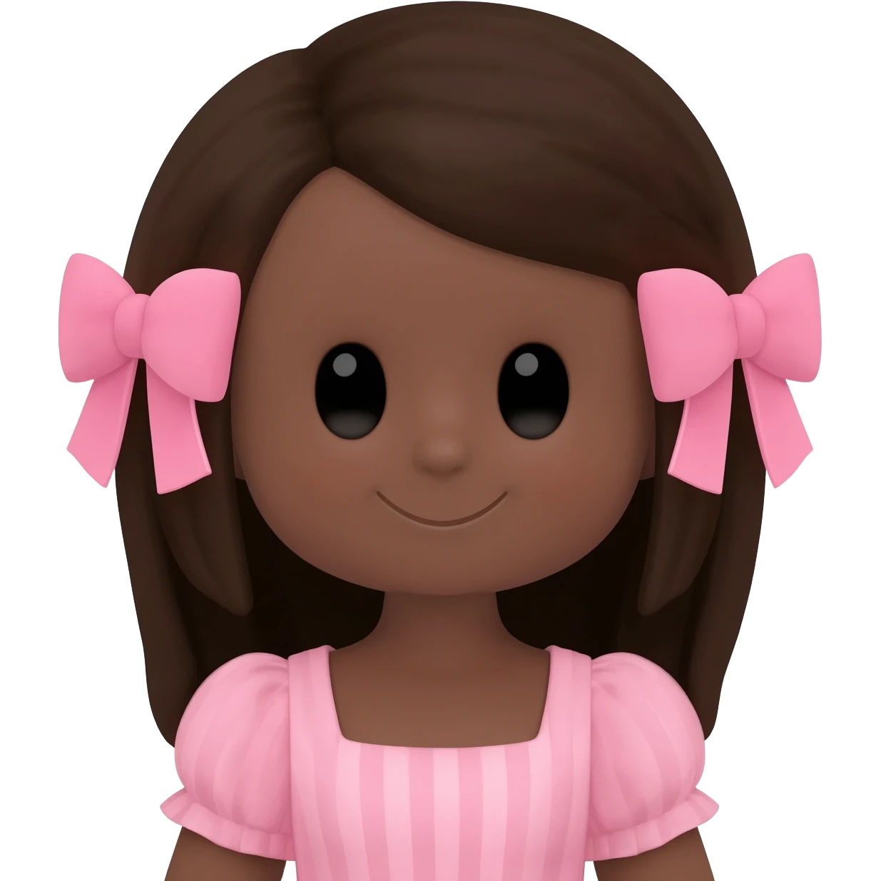 Doll, big chest, dark brown skin, dark brown hair, black cute eyes, pink bows with cute lips emoji