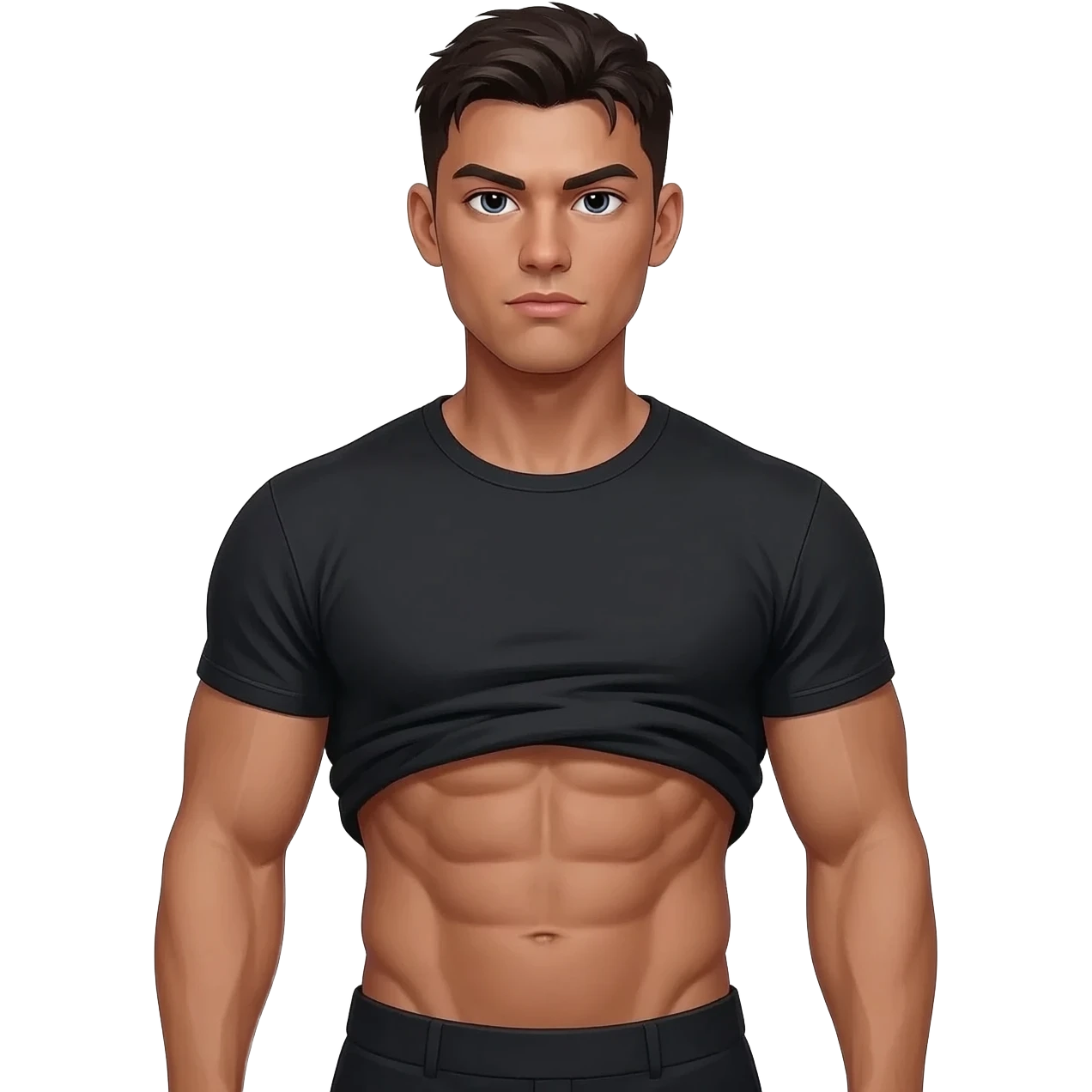 Fit muscular man with black t shirt and light brown skin emoji