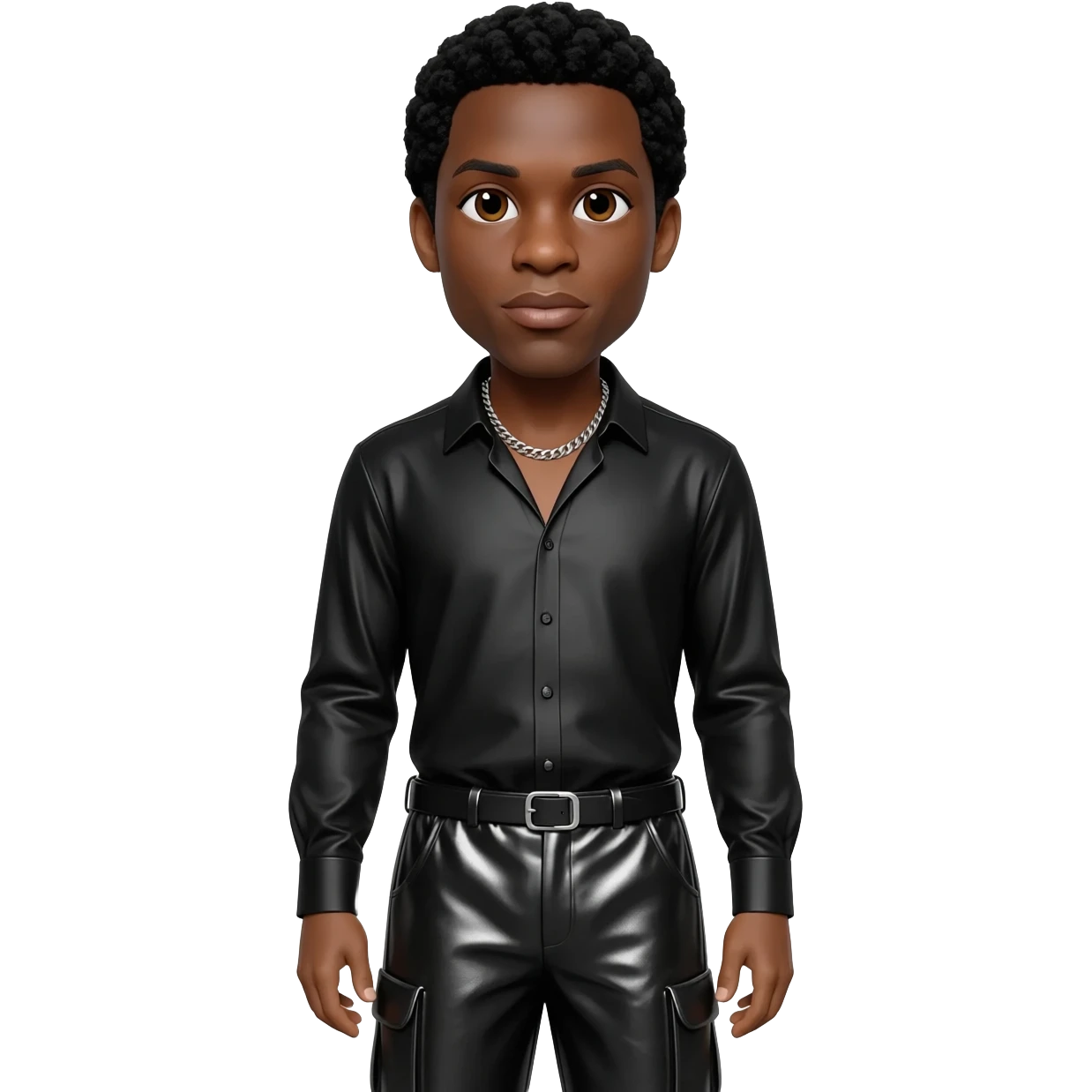 James Brown with dark brown eyes, black hair, black metallic shirt, black metallic baggy pants, silver necklace emoji