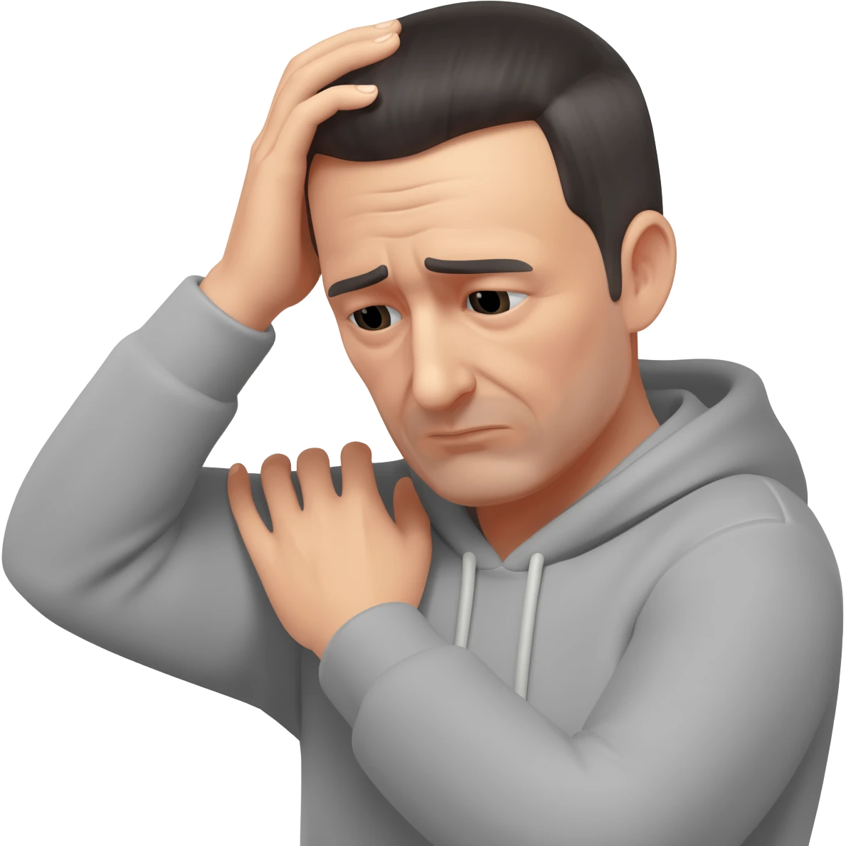 A man who is depressed with his left arm draped over the top of his head so the inside of his left elbow is on the very top of his head where hair grows from and his left hand is touching his right shoulder emoji