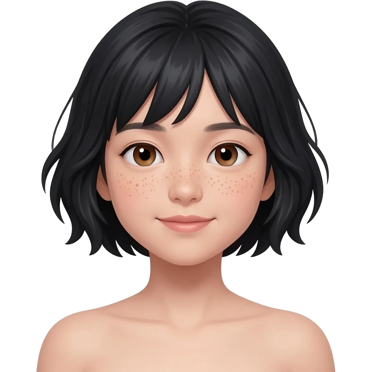Mabel is a 19-year-old Japanese-American teenage girl with a slim build and fair skin. 
Hair: She has short, messy, neck-length black hair styled in a voluminous bob cut.
Facial features: She has thick black eyebrows, brown eyes, and scattered freckl. emoji
