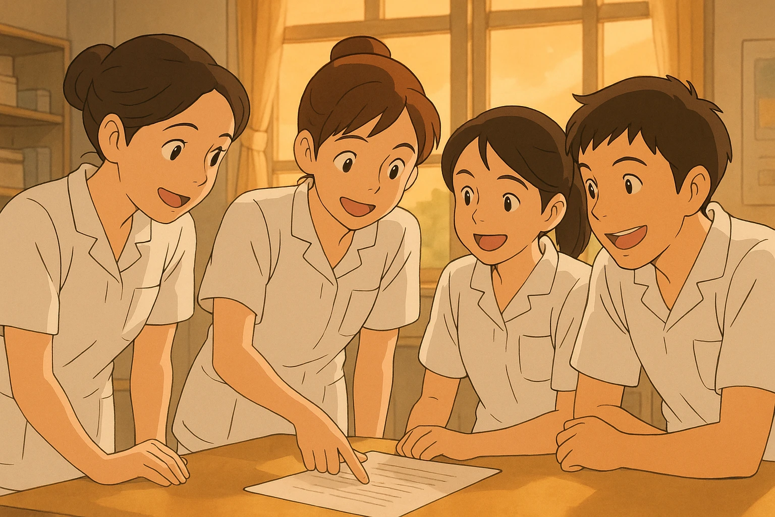 Four nursing students inspired by reference photos, collaborating and interacting indoors, Ghibli style. White short-sleeve uniforms with V-neck, left chest pocket, medical tunic type, no collar stand or stethoscopes, bare forearms, long hair tied for those concerned. Warm and dynamic atmosphere, soft details, bright interior. emoji