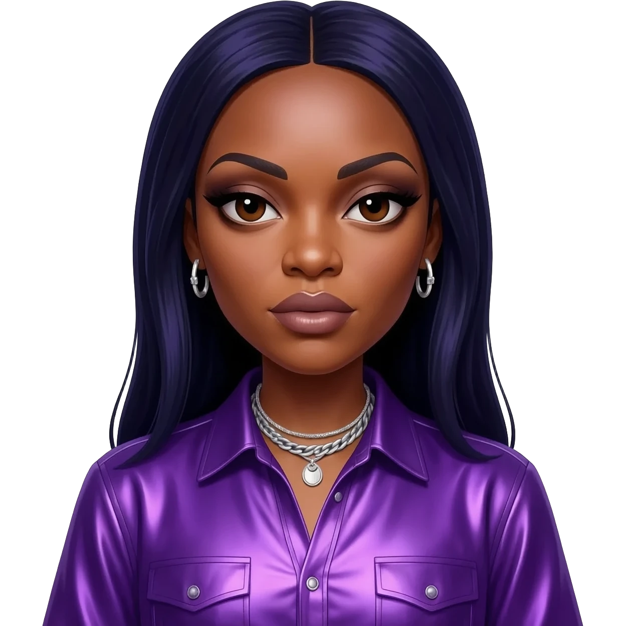 Missy Elliott with dark brown eyes, long dark indigo hair, purple metallic shirt, silver necklace with earrings emoji