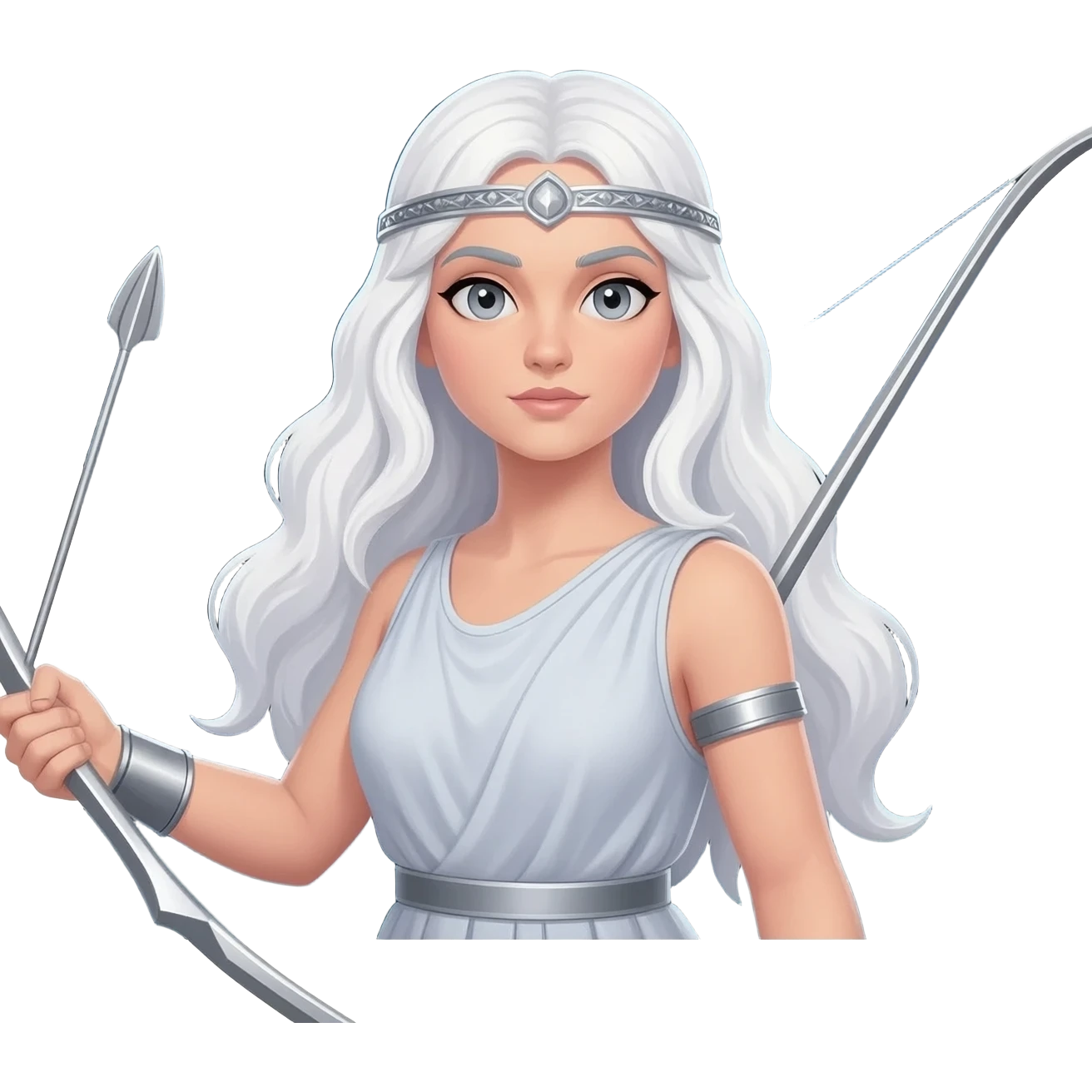 Artemis from Greek Mythology with grey eyes, long white hair, silver emoji