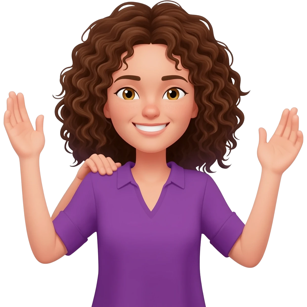 smiling face, brown curly shoulder length hair, hair touching shoulders, hazel eyes, pail skin, purple v-neck shirt, arms up in an emoji shrug position. emoji