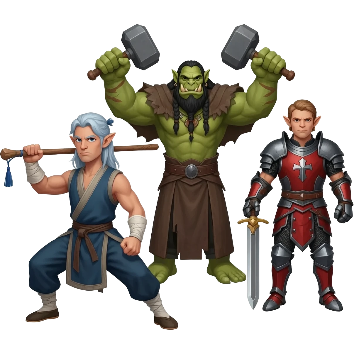 A male elf kungfu master with a staff and long silver blue hair, a taller male orc shaman with hammers in each hand, and a male elf paladin in red armor with a sword, as a group emoji
