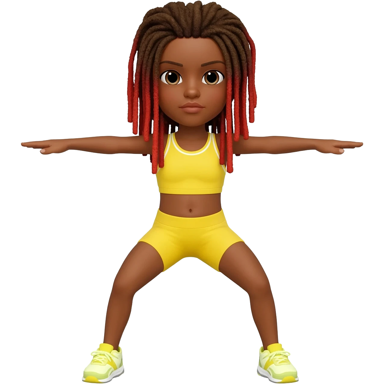 African American girl with shoulder length dreadlocks brown with red tips,  In yellow working out clothes in various work out poses emoji