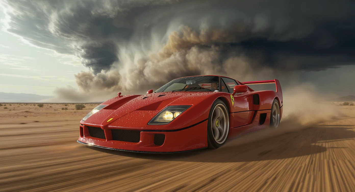 Cinematic still of a ferrari f40 around tornado od arizona desert, sun flare, captured by gopro hero with effect fisheye, water drops on car body, detailed, inspired by interstellar look, captured by a RED Weapon 8K emoji