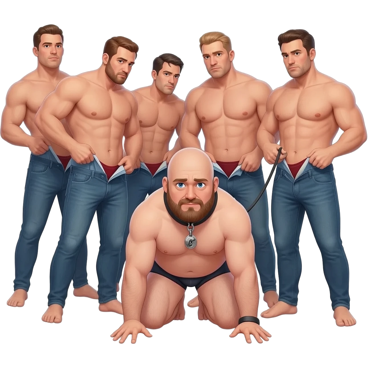 A group of mean looking  shirtless stocky men with tight jeans unbuttoning their jeans and surrounding a chubby bald bearded guy in underwear with mouth wide open and tongue out on his hands and knees wearing a collar and leash held by one man realistic style emoji