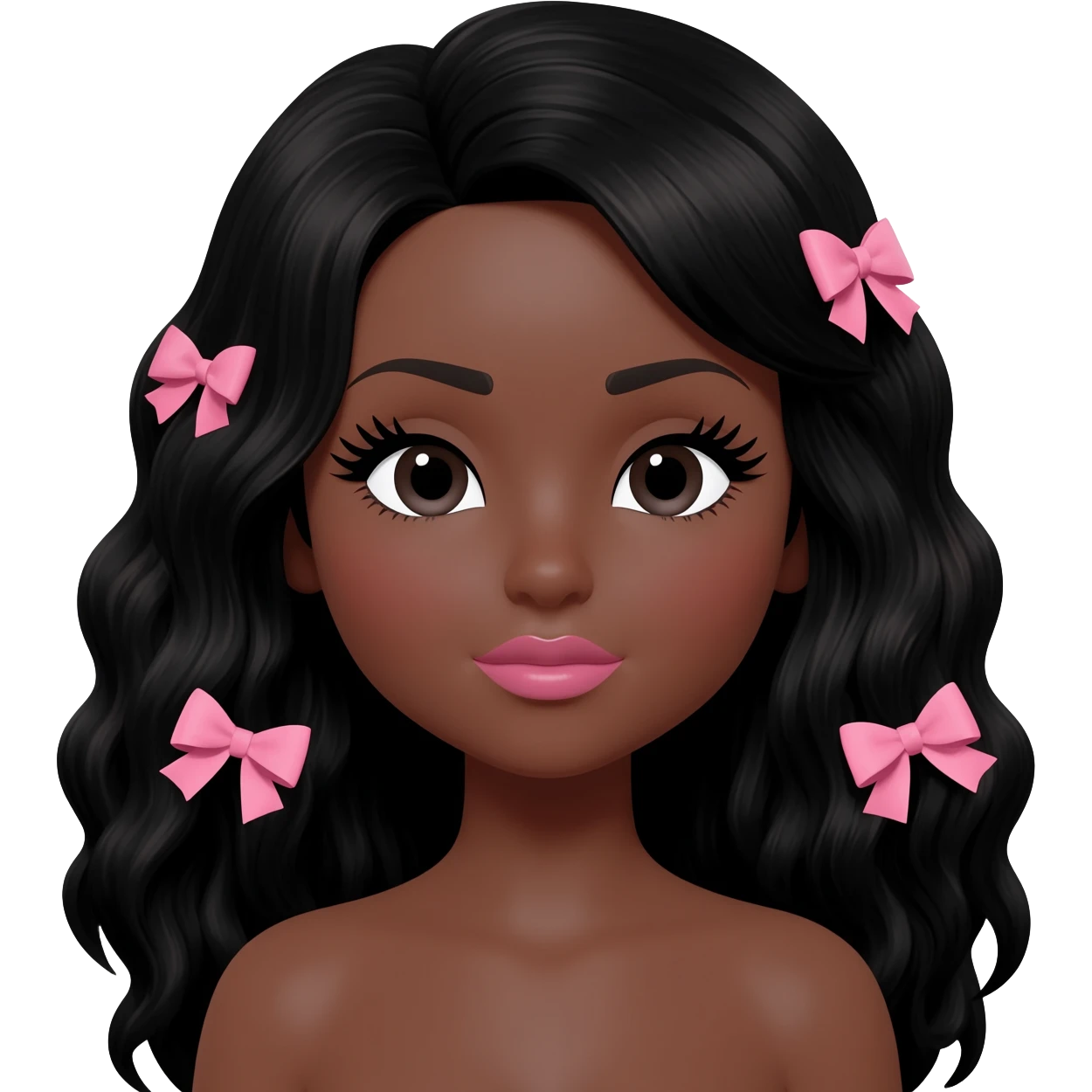 Doll with darkbrown skin with long black wavy hair with pink bows, lashes, cute lips emoji