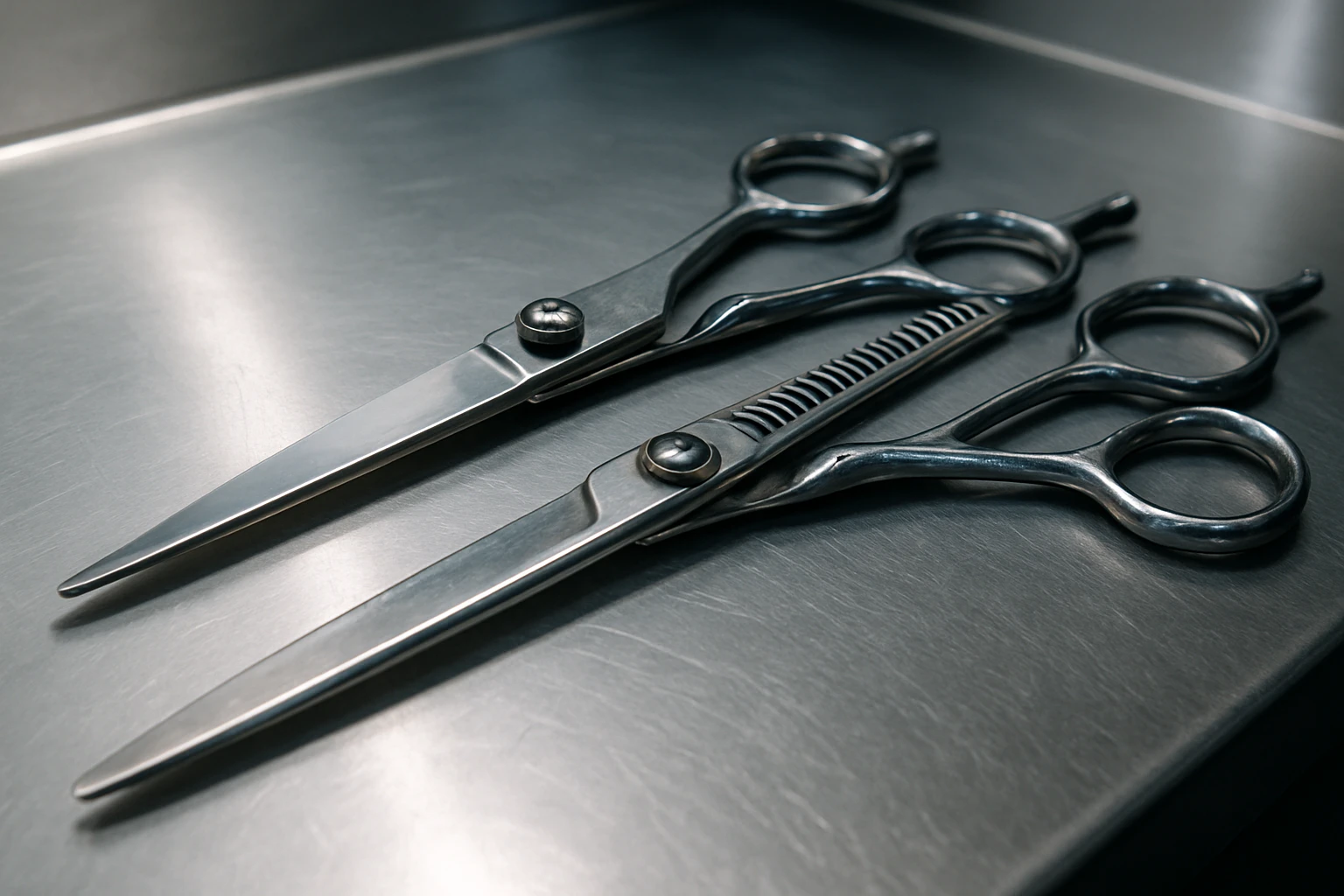 A set of professional barber scissors lies on a stainless steel workbench, gleaming under the bright lights. The blades are sharp and precise, with smooth handles showing signs of frequent use, ready for the next cut emoji