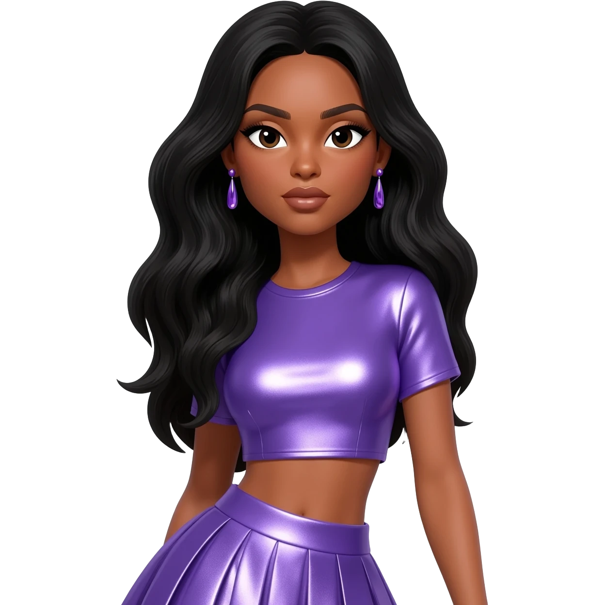 Solange with long black hair, periwinkle metallic crop top, periwinkle metallic skirt, periwinkle earrings emoji