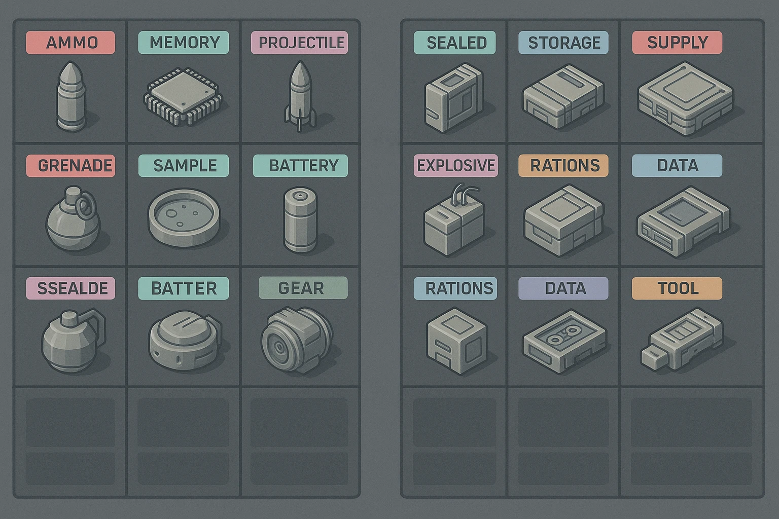 a virtual display, a gray grid with darker gray cells, each cell containing an item viewed in isometric minimalism render The cells have pastel neon colored labels in their upper corner, indicating various traits of the items. retrofuturism, circa 2880's.
The items are scientific and military in nature - varieties of munitions, scientific samples, rations, data storage, utilities. There are two arrays of grids, one left, one right. Each array has a few empty spaces at the bottom emoji