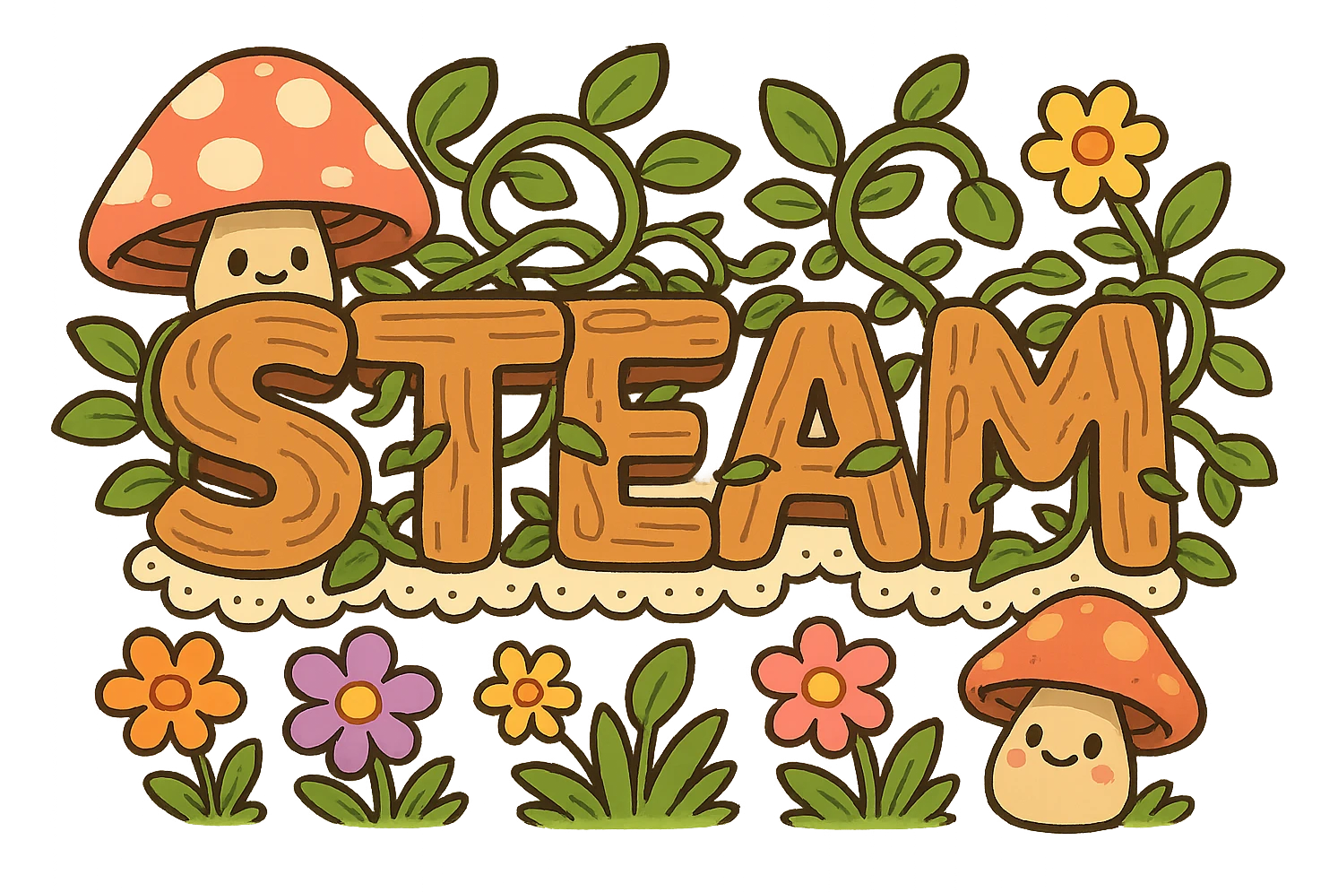 cartoon-style cottagecore Steam logo: chunky soft wood and vines, big lace trim, smiling mushrooms, colorful flowers, bright playful colors, no text emoji