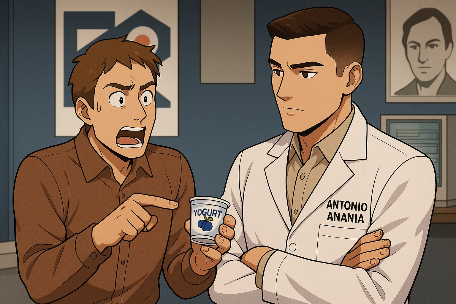 fai un webtoon manga a colori con questo stile, in cui un uomo chiede al kinesiologo con il camice bianco (fagli anche la scritta "ANTONIO ANANIA" SUL CAMICE, una domanda e il kinesiologo gli risponde, L'UOMO INDICA LO YOGURT CHE HA IN MANO ED è MOLTO ALLARMATO NEL FARE LA DOMANDA. non fare i fumetti però, fai solo in modo che sembri stiano parlando emoji