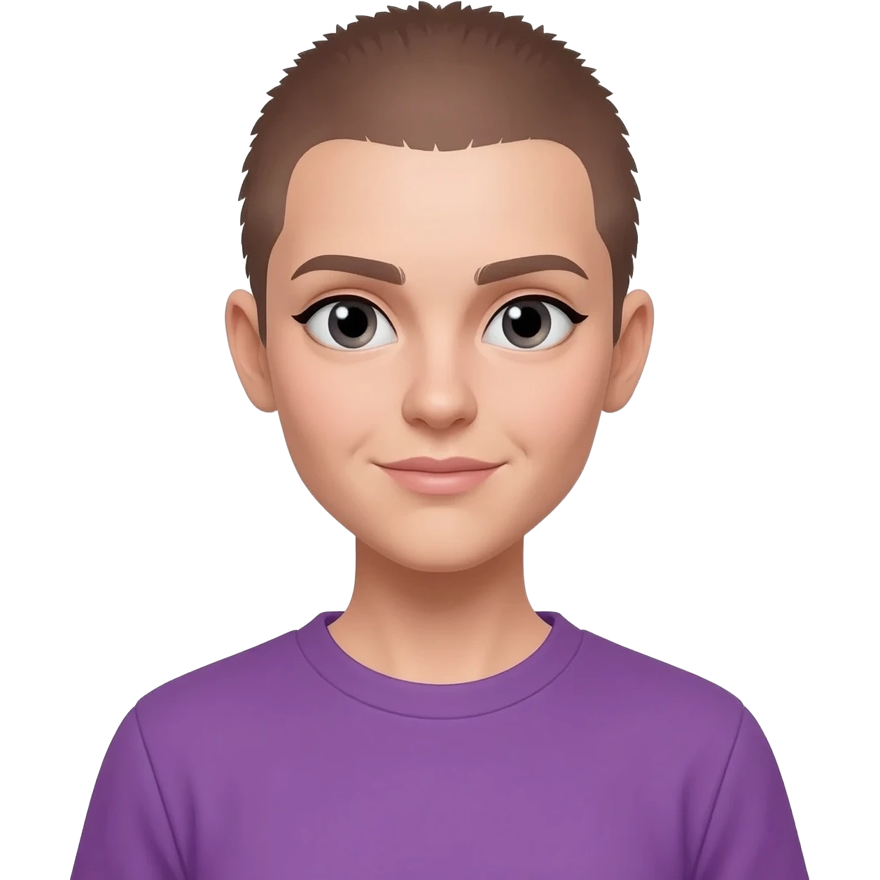 White skin ,  female, brown buzzcut, purple shirt, light eyes emoji