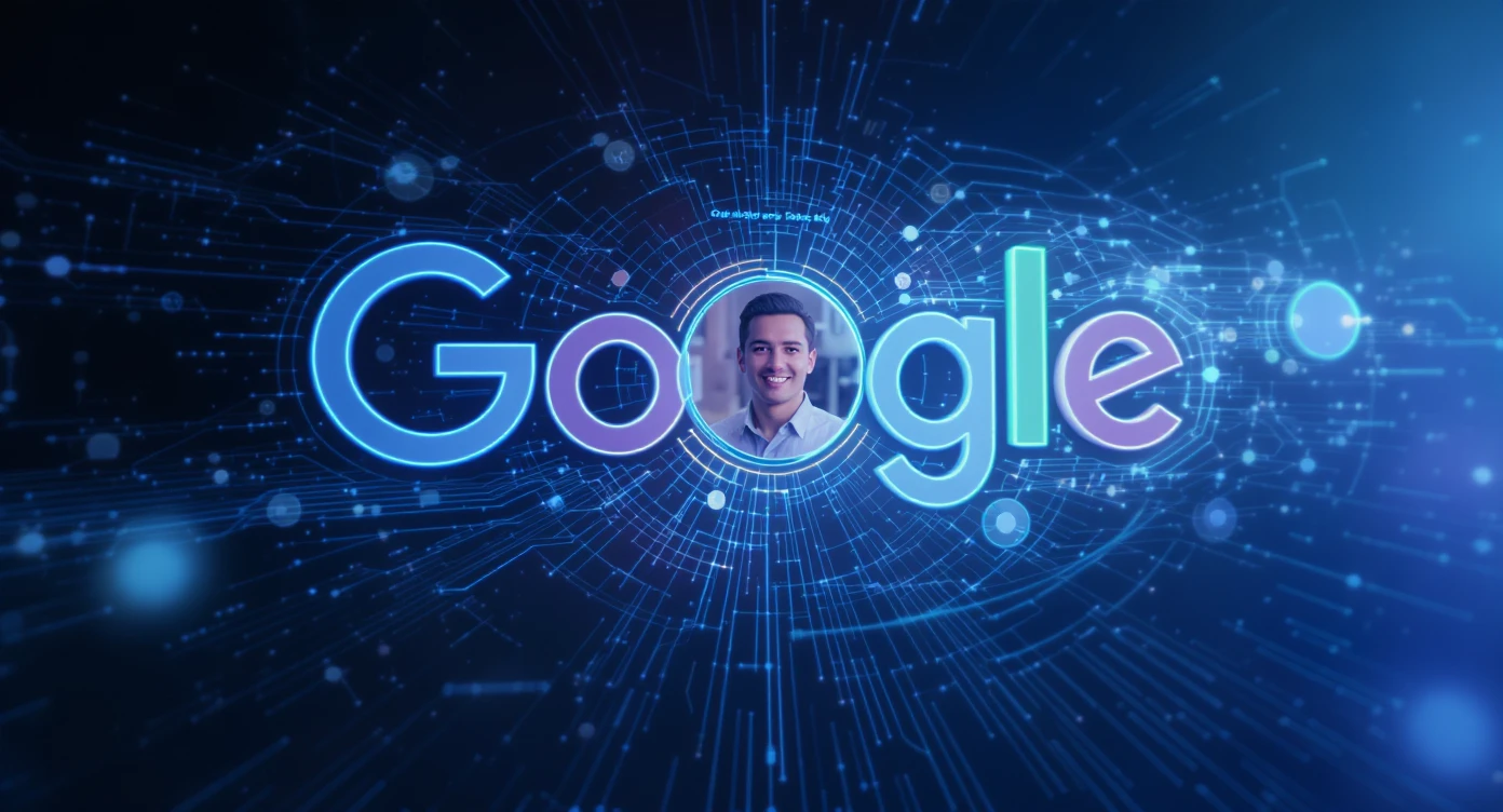 Futuristic Graphic of a flying aroundg google profiles with 3d disney style faces of people (Gradient black and blue background) emoji