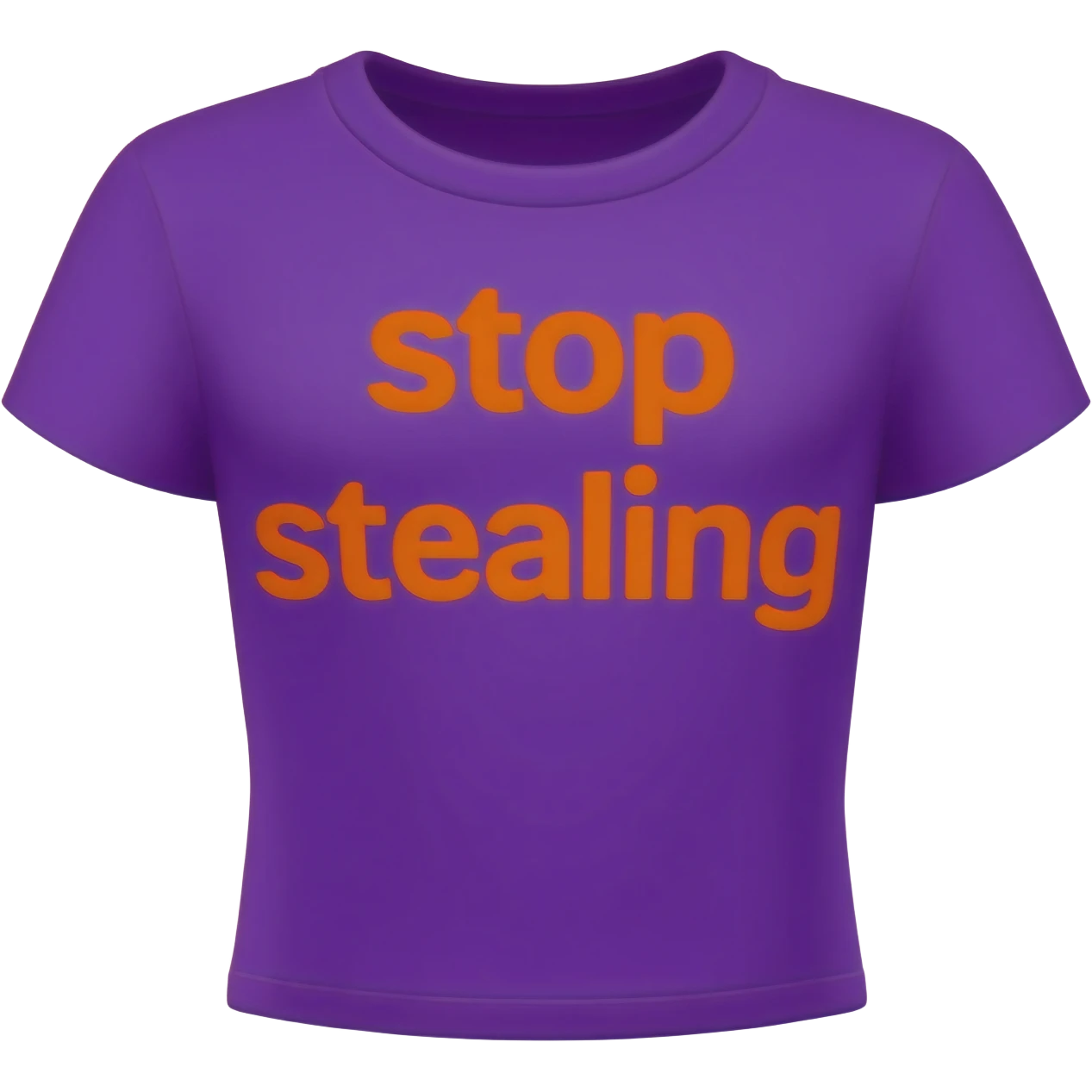 Hyperrealistic womens purple tshirt, with bright orange typography text " stop stealing", isolated still life. Colorful, 4k hd, no emoji icons, no emoji faces, no human figures  emoji