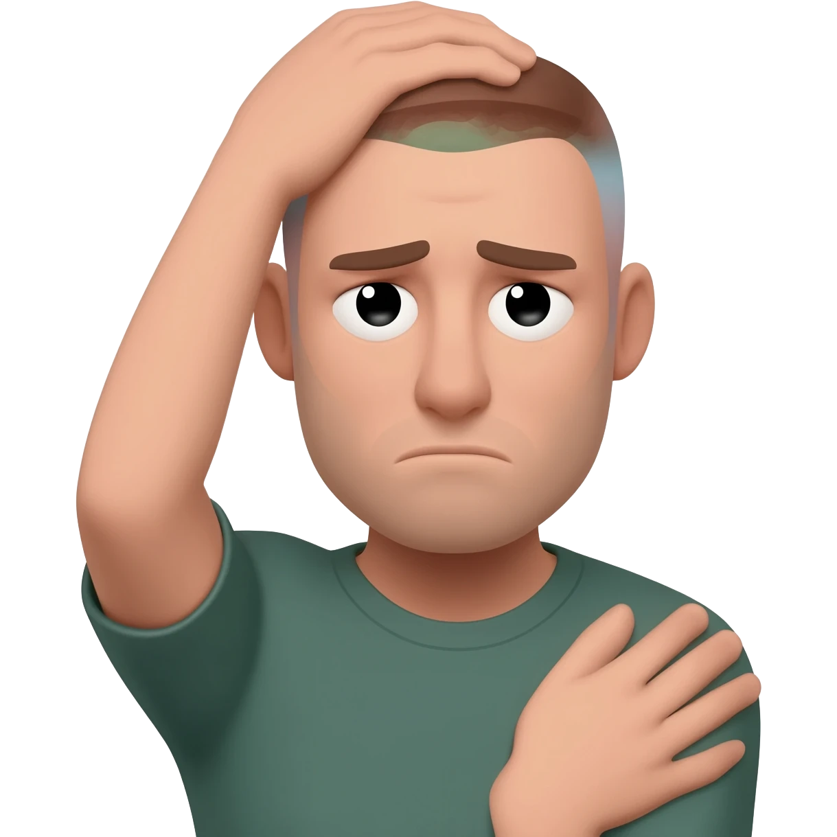 A man who is depressed with his left arm draped over the top of his head so the inside of his left elbow is on the very top of his head where hair grows from and his left hand is touching his right shoulder emoji