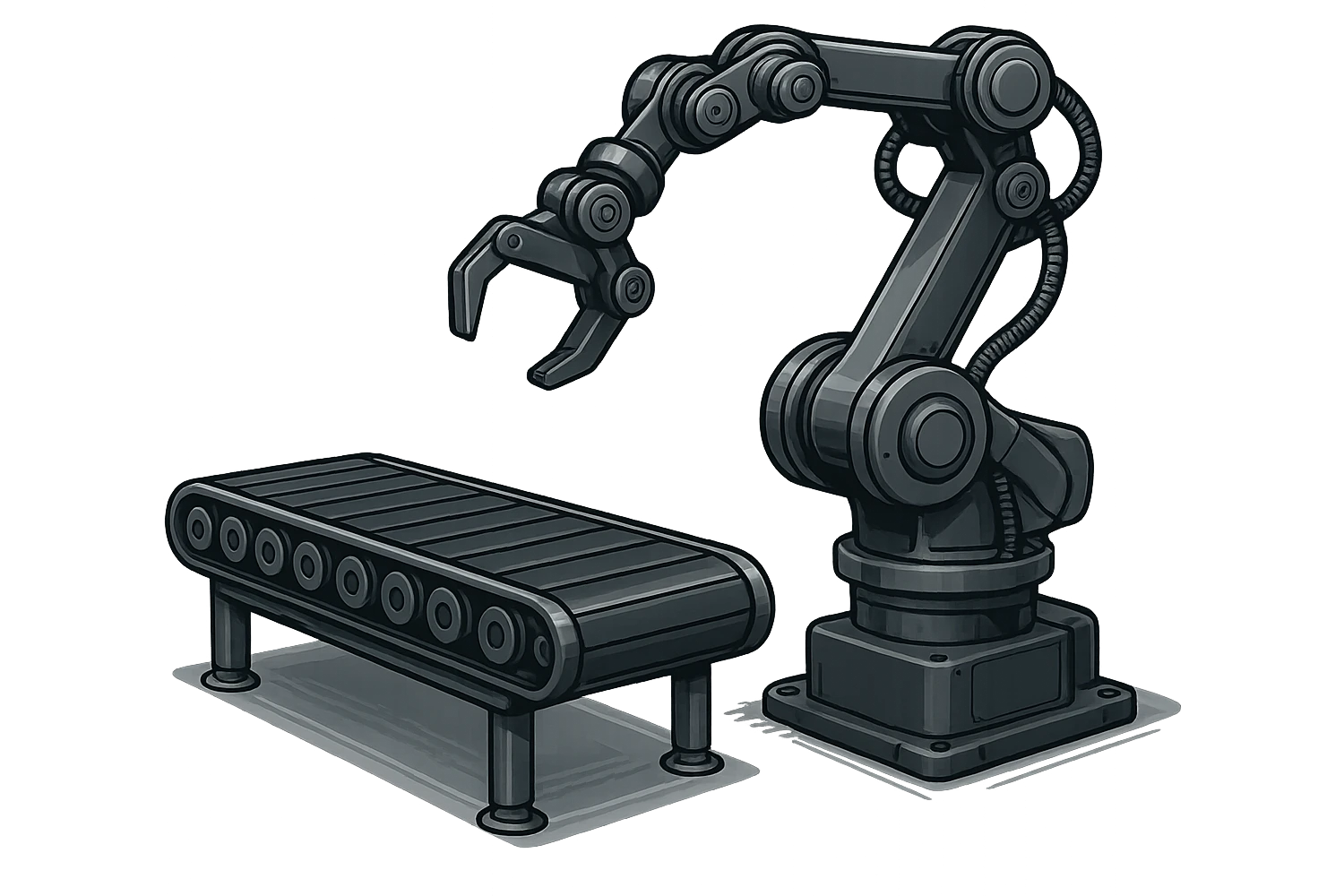 conveyor with multi-armed manipulator, industrial scene, modern style, no background emoji