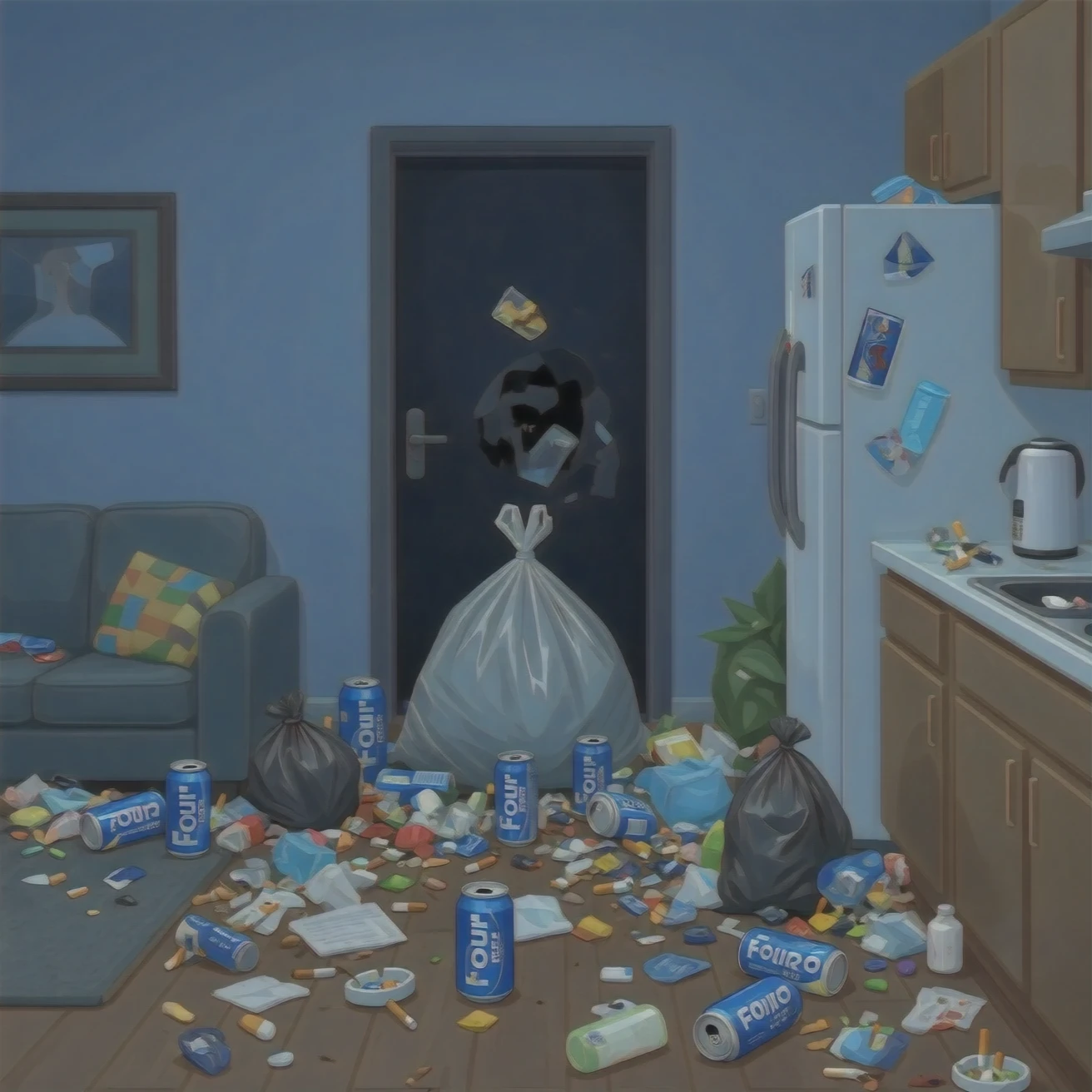 trash piled up everywhere: garbage bags near the front door, cans of Four Loko energy drinks and full ashtrays in the living room, dried-out contact lenses stuck to the kitchen counter. emoji