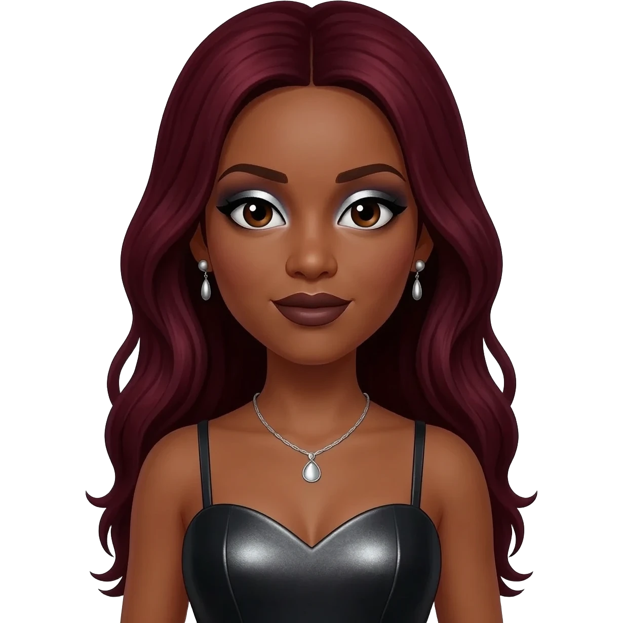 LaTavia Robeson with dark brown eyes, long dark red hair, silver eyeshadow, dark brown lipstick, black metallic sweetheart dress, silver necklace and earrings emoji